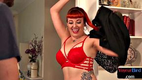 Redhead watching guy jerking off