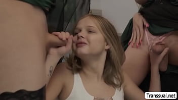 Teen blonde hide under the table and suck 2 dicks