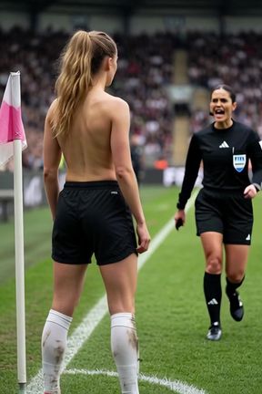 Referee and player on soccer field