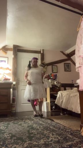 Dressed with a white lace dress for a night out