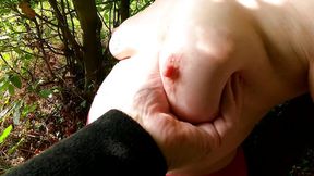 Girl opens her bra for slapping of her big tits