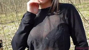 Stepbrother cums in my mouth in the woods with big tits bouncing