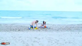 French hottie Joyce Exess rear railed on a public beach