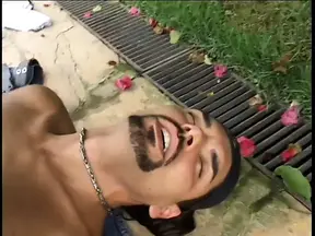 Guy gets his chest creamed after taking dick in his ass and mouth fucking