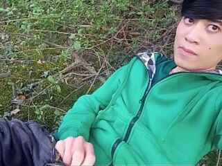 Jon Arteen homosexual twink's soft strokes risky outdoor, uncut foreskin petite rod, caught or not