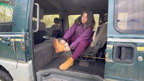 timberland boots without socks hiking in the forest mo