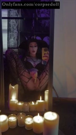 Witchy bitch gets freaky with her candles, tight gripping pussy
