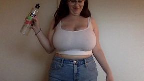 Wet T-shirt solo with chubby amateur girl who has MM cups