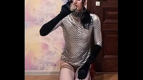 crossdresser on knees drinks his own pee