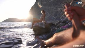 Fresh caught jerking off at nude beach gets surprise help from a stranger