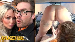 Busty blonde gets big cock in fake driving school