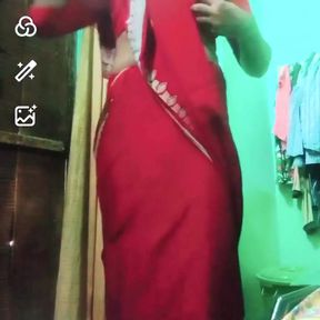 Indian Gay Crossdresser XXX Naked in Red Saree Showing Her Bra and Boobs