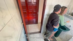 A relative rubs against his step-niece in the bathroom.