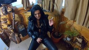 tight leather pants & shiny downjacket joi – smoking, teasing & cum on my puffy coat