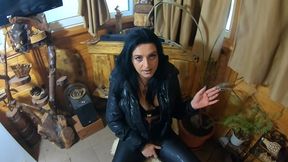 tight leather pants & shiny downjacket joi – smoking, teasing & cum on my puffy coat