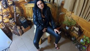 tight leather pants & shiny downjacket joi – smoking, teasing & cum on my puffy coat