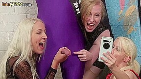 CFNM femdom babes wank cock of spandex dude in group