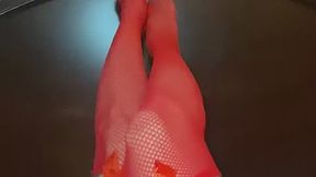 Really Sexy Filipina legs with Tiny Feet in red Fishnet stockings