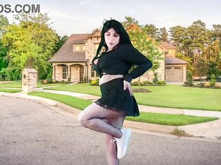 555 Femboy Outdoor Gorgeous Gothic Traveller in front of Pleasing Home