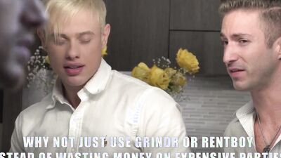 Handsome blonde moans while black stud fucks him by the mirror