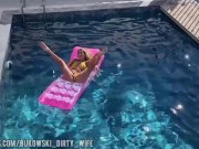 a beautiful blonde masturbates in the pool and lures a peeping guy into a blowjob