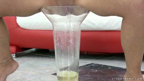 Kinky Angelina Julie pours her own pee on herself after interracial banging