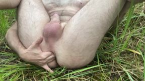 Outdor Anal Masturbation with Dildo and Cumming Laying on the Grass