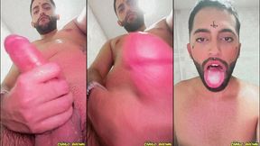 son of lilith jerking his big uncut cock and eating his own cum