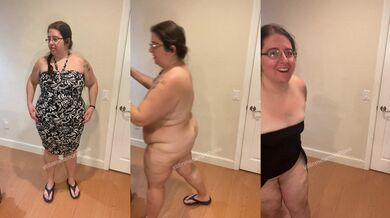 Hairy BBW w/ small tits & huge ass tries on sexy dresses incl. barely-there skirt [Full on OF]