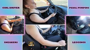 MILF in Leggings and Sneakers Drives Car Pedal Pumping 4K - Girl Driver - Voyeurism - Foot Fetish - Soles - Gear Shifting - Manual Transmission - Mature Girl Driving - Foot Worship - Calves - Muscular Arms - Retro Car - Hand Fetish - Reebok Classic Leathe