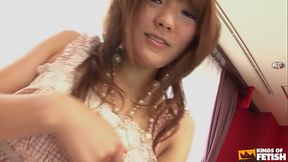 Japanese babe sucks a guy while another dude fist her bush