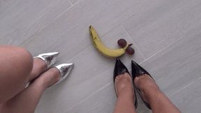 Crushed a banana and grapes b