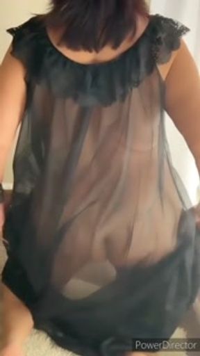 Mature Latina woman with hairy pussy dancing in my black transparent nightie