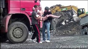Public construction site gangbang with a young pretty girl