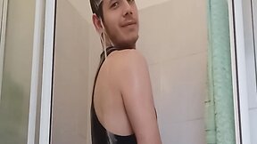 Gorgeous boy gergely molnar strips naked in the bathroom for a shower in his tank top