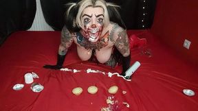 insane pennywise s sister rubs cupcakes all over her body. crazy clown wants to fuck you with a strap-on.