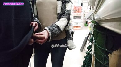 BlondieBlow Risky Supermarket Handjob Almost Caught Gushing Cum