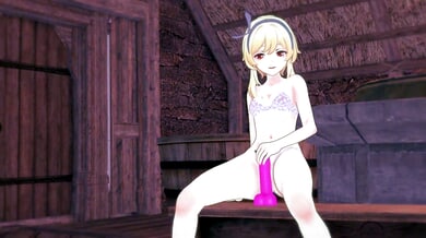Blonde anime heroine rides her lover and takes creampie in rustic wooden den