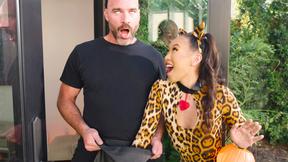 ”Horny Asian teen gets humped by a huge cock neighbor on Halloween”