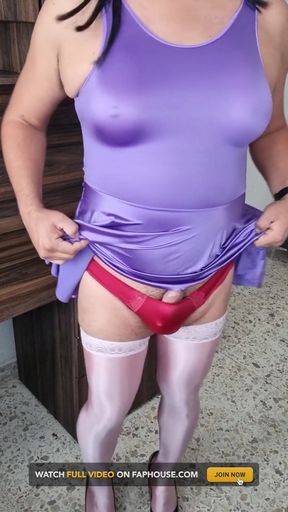 Modeling My Sexy Purple Dress, Now with Red Satin Panties and Using a Vibrator for More Pleasure
