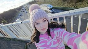 Pink leggings motorway bridge wetting peeing