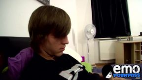 Pretty emo twink massages his balls and jerks off solo