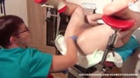 Ass fisted by nurse Sandra on the gyno chair