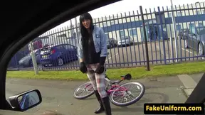 Pulled beauty doggystyled by officer outdoors