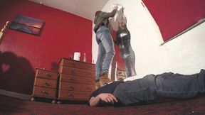 Stepping On His Body To Clean The Mirror FLOOR CAM (4K)