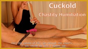 Cuckold Chastity Humiliation: Emptying My Bull's Used Condom Over My Locked Husband. Tease and Denial.