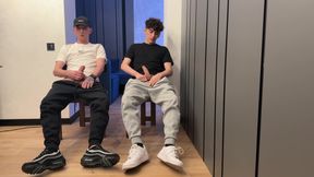 Two lads jerk off uncut dick and cum