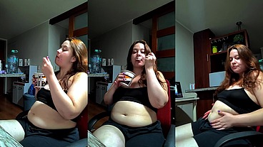 [FREE SFW FETISH VIDEO] Hot Chubby Woman Filling Her Round Belly with some Ice Cream