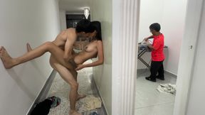 Midget stepdad irons clothes while his naughty hot stepsons fuck hard behind his back. In The End He Catches Them In Full Action!