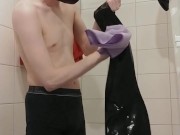 Shining and lubing red latex hooded swing dress and rubber stockings wetsuiterest